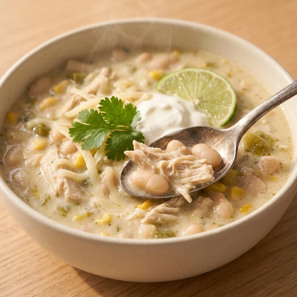 A close-up shot of a steaming bowl of creamy white chicken chili topped with shredded cheese, sour cream, cilantro, and a lime slice, with a spoonful lifted up.