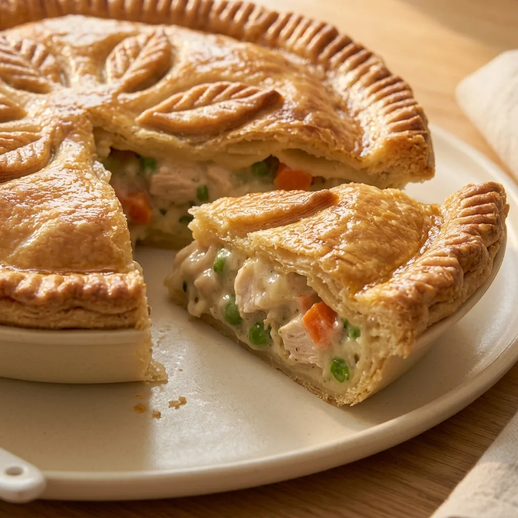 A close-up of a golden, flaky-crusted chicken pot pie with a slice cut out, revealing a rich filling of tender chicken, peas, and carrots for easy homemade chicken pot pie.