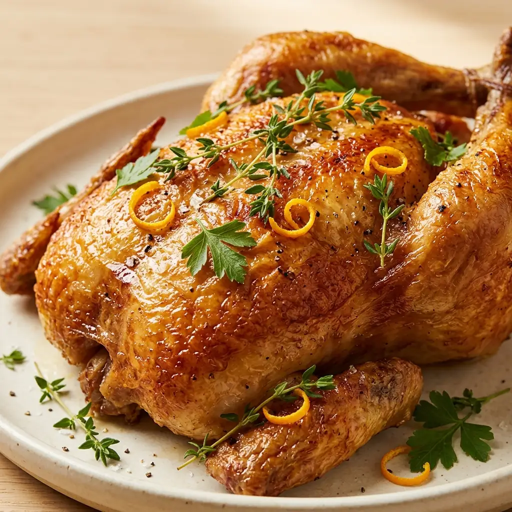 A golden-brown roasted whole chicken, garnished with fresh thyme sprigs, parsley, and orange zest curls, resting on a ceramic plate.