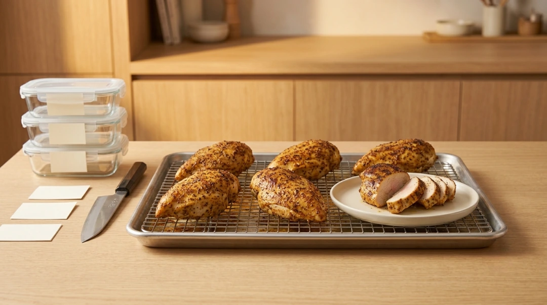 Several seasoned roasted chicken breasts on a wire rack and a sliced portion on a plate next to meal prep containers, showcasing chicken meal prep for week.