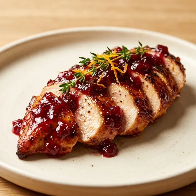 Sliced cranberry glazed chicken breast on a ceramic plate, garnished with fresh thyme and orange zest, prepared for Cranberry Glazed Chicken Breast.