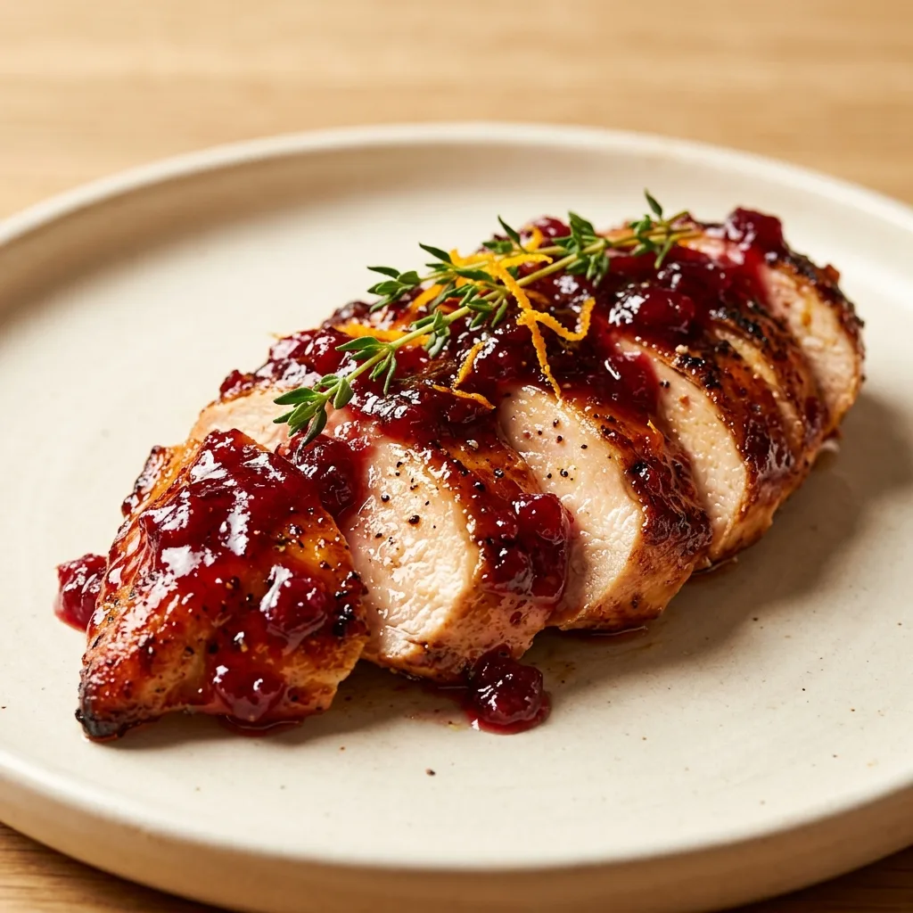 Sliced cranberry glazed chicken breast on a ceramic plate, garnished with fresh thyme and orange zest, prepared for Cranberry Glazed Chicken Breast.