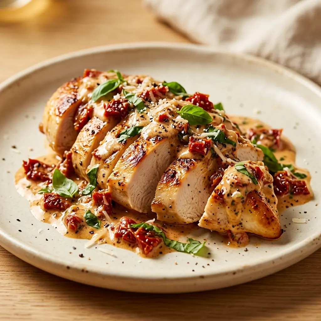 A beautifully sliced serving of Creamy Tuscan Chicken topped with a rich cream sauce, sun-dried tomatoes, parmesan, and fresh basil.