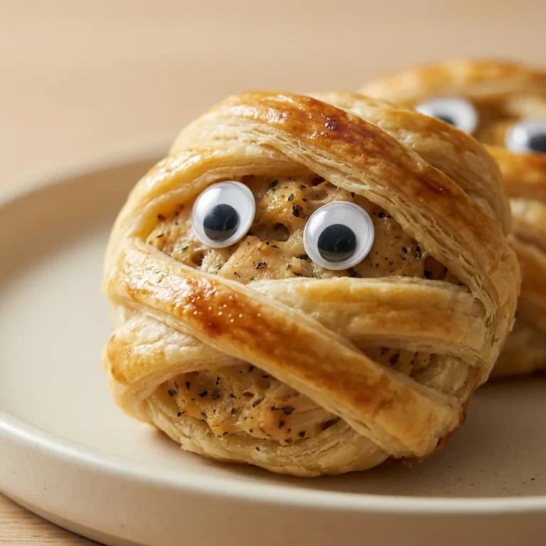 A close-up view of a freshly baked Halloween Chicken Mummy Wrap on a matte plate, featuring flaky golden dough strips and cute candy eyes.