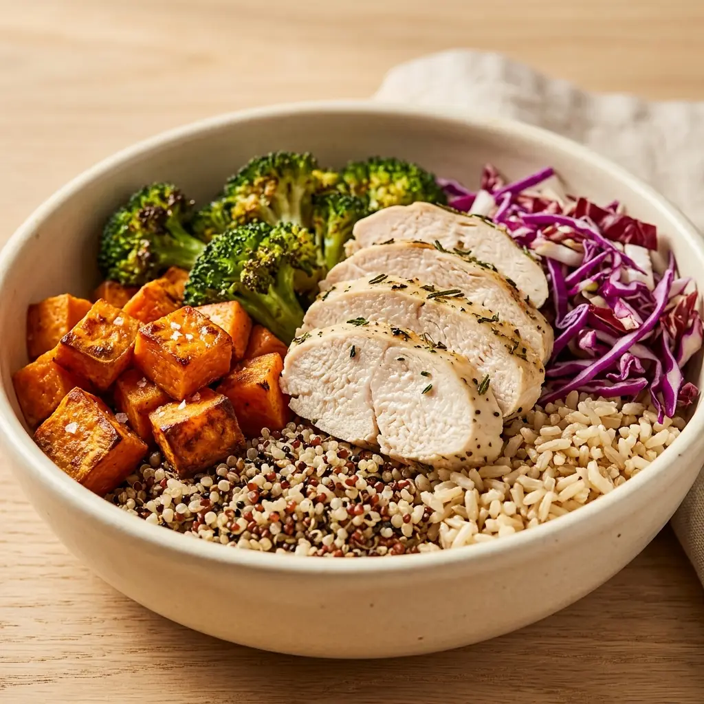 A close-up shot of a single ceramic bowl filled with brown rice and quinoa, roasted sweet potatoes, broccoli florets, sliced seasoned chicken, and shredded red cabbage, set on a light wood tabletop, prepared for high protein chicken bowl meal prep.