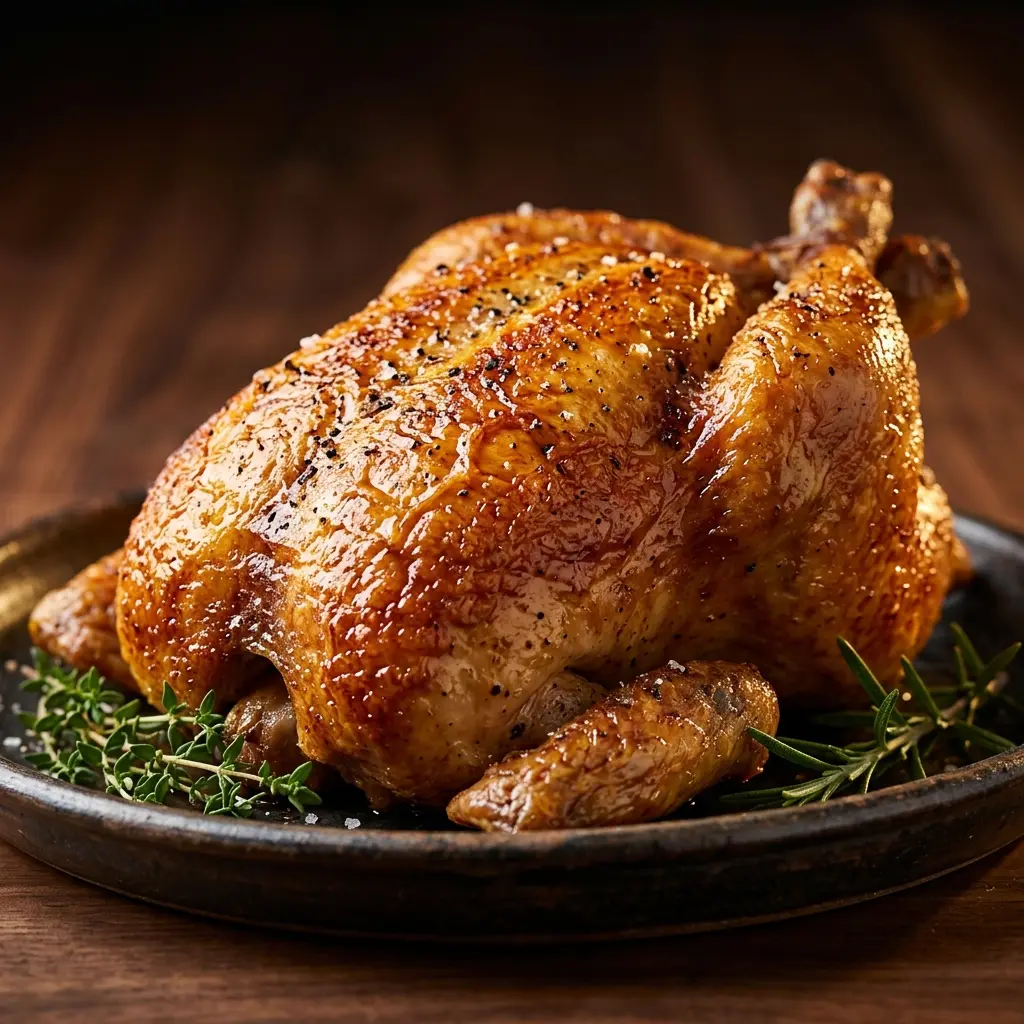 A golden-brown, crispy whole roasted chicken resting on a dark ceramic plate, garnished with fresh thyme and rosemary, prepared for whole roast chicken thanksgiving.