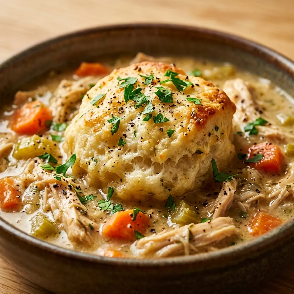 A cozy bowl of slow-cooked chicken stew topped with a fluffy golden dumpling and fresh herbs, prepared for slow cooker chicken and dumplings
