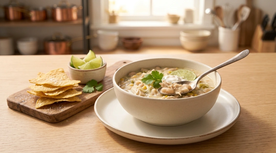 A close-up featured pin image of a steaming bowl of creamy white chicken chili garnished with cheese, sour cream, and a lime wheel.