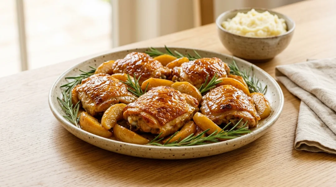 A large serving platter piled with apple cider glazed chicken thighs, roasted apples, and fresh rosemary sprigs alongside a bowl of mashed potatoes, highlighting apple cider glazed chicken thighs.