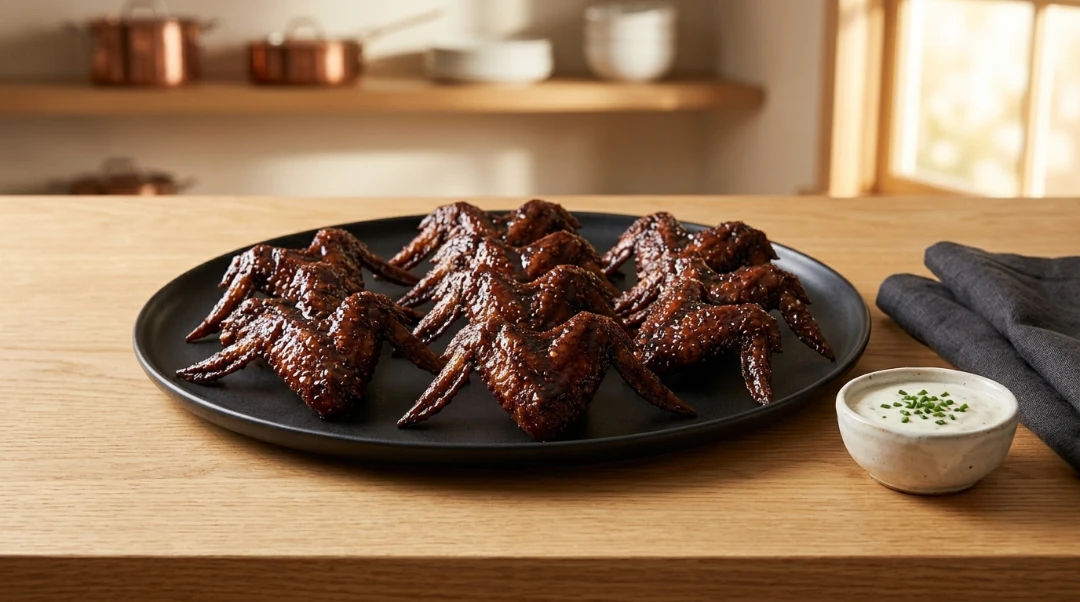 A black serving platter filled with glazed bat-shaped chicken wings alongside a small bowl of dipping sauce, perfect for halloween chicken wings spooky.