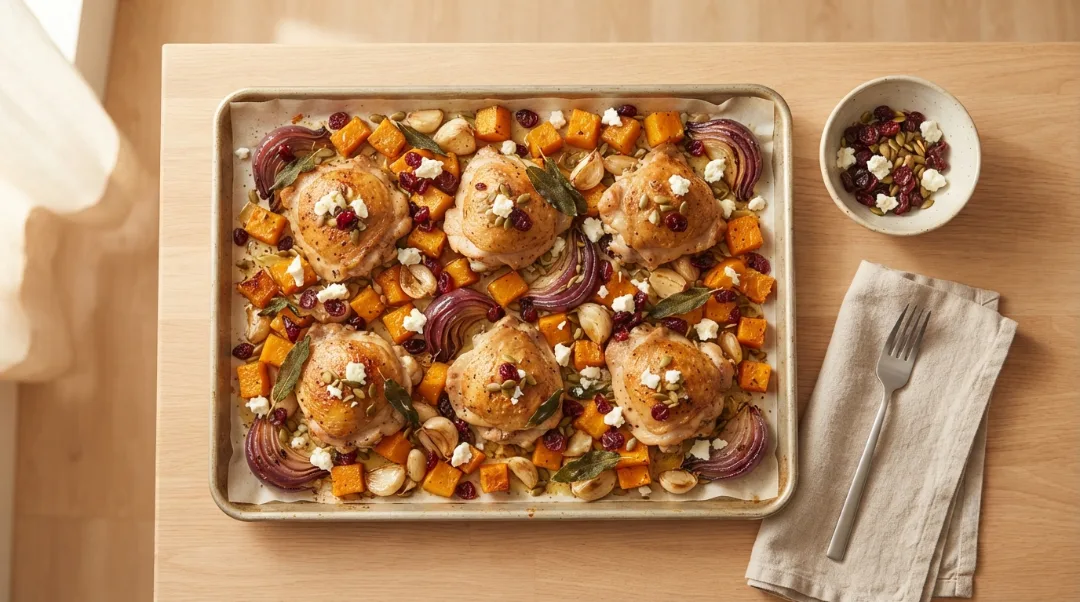 A full overhead view of a baking sheet filled with roasted chicken and butternut squash, garnished with cranberries, pepitas, and feta, highlighting chicken and butternut squash.