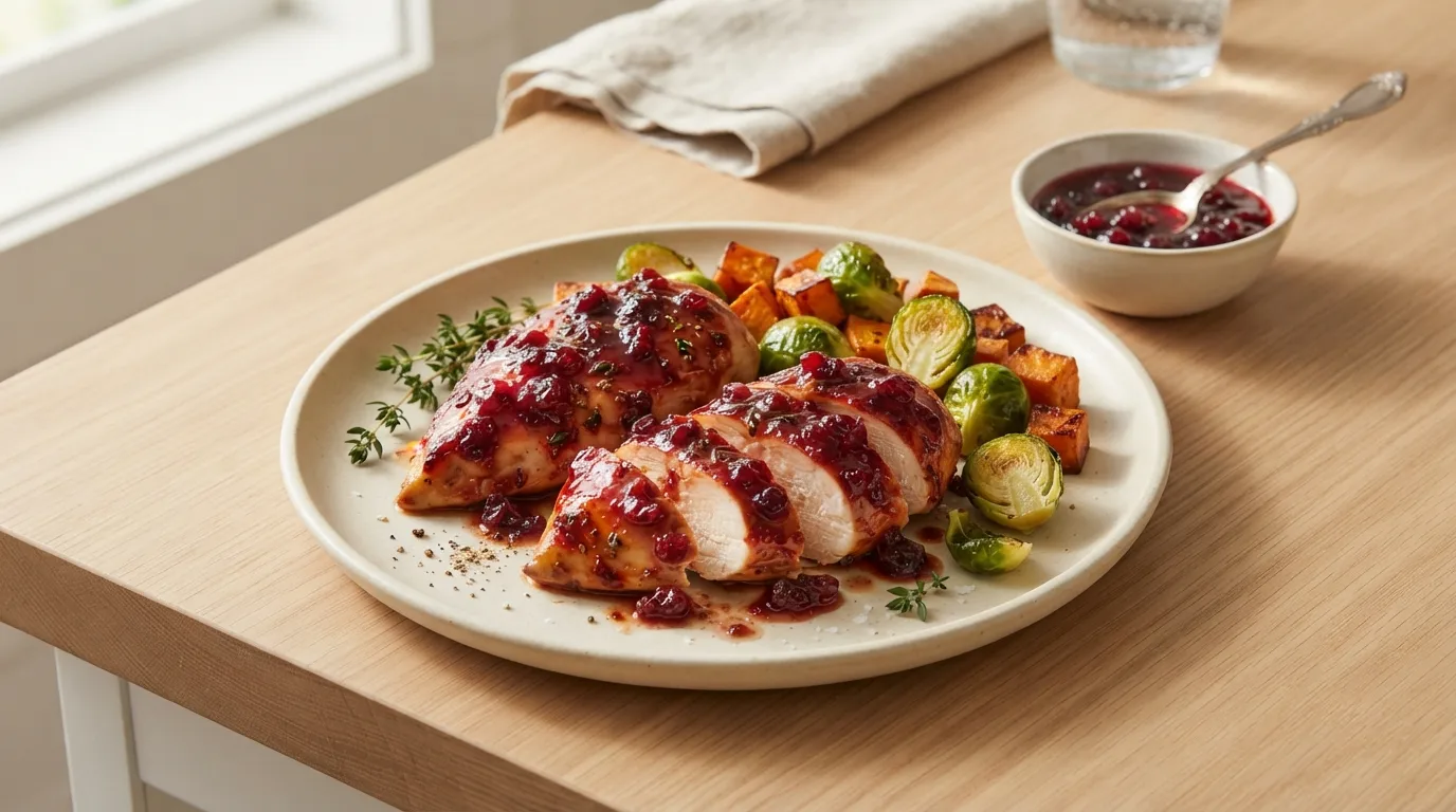 Cranberry glazed chicken breasts served on a plate with roasted brussels sprouts and sweet potatoes, prepared for Cranberry Glazed Chicken Breast.