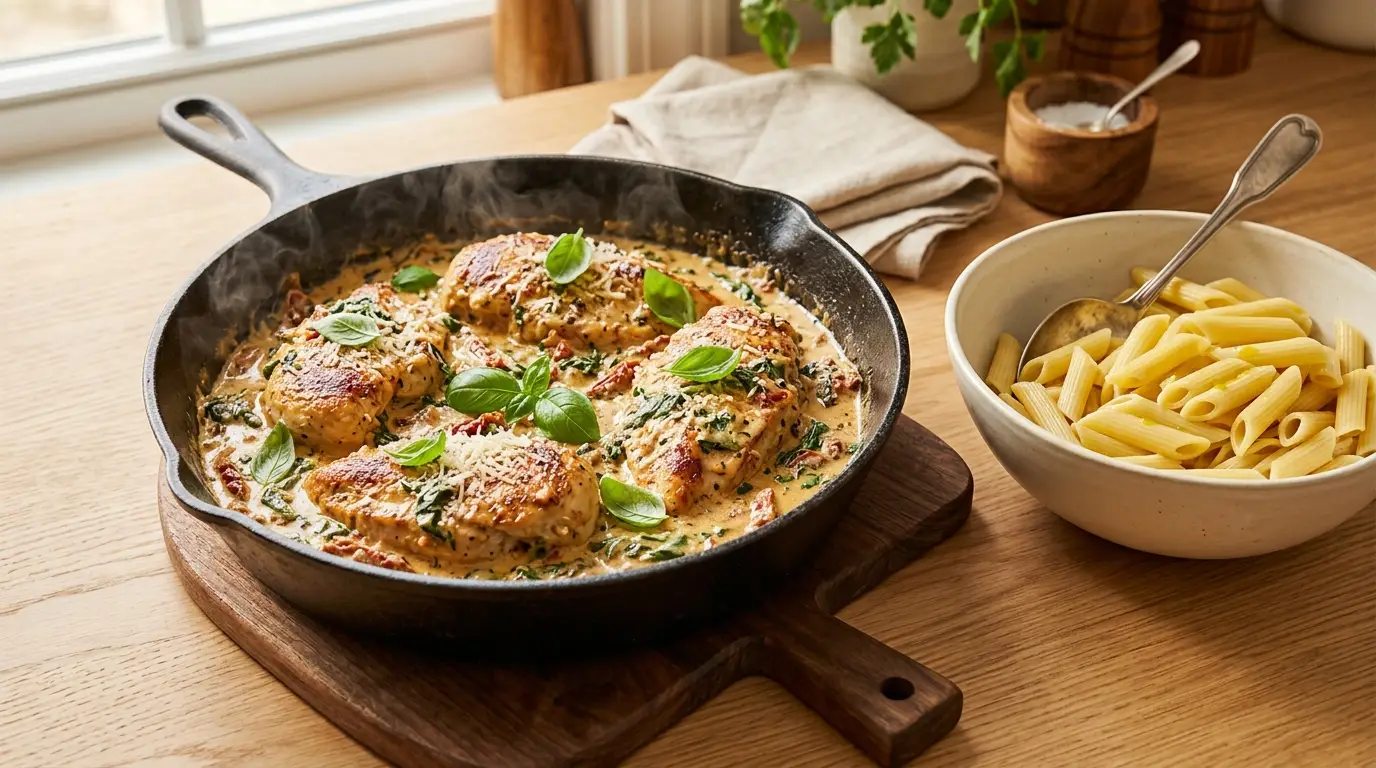 A wide tabletop view of a cast-iron skillet filled with Creamy Tuscan Chicken in a rich sauce alongside a bowl of pasta, prepared for Creamy Tuscan Chicken.