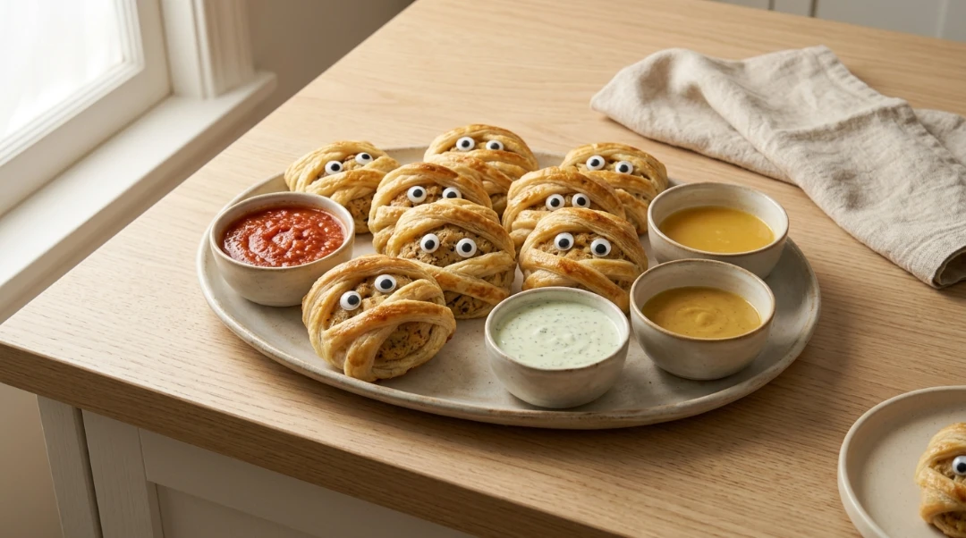 A full serving plate of baked Halloween Chicken Mummy Wraps surrounded by small bowls of colorful dipping sauces, set on a light oak wood table.