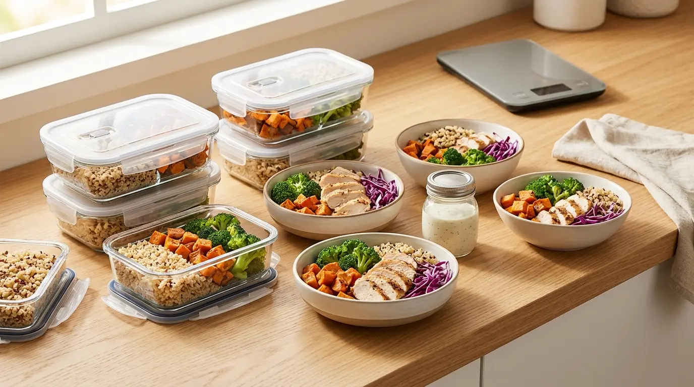 A full spread of prepped meal containers and assembled ceramic bowls filled with grains, roasted vegetables, and sliced chicken, set on a light oak wood countertop, prepared for high protein chicken bowl meal prep.
