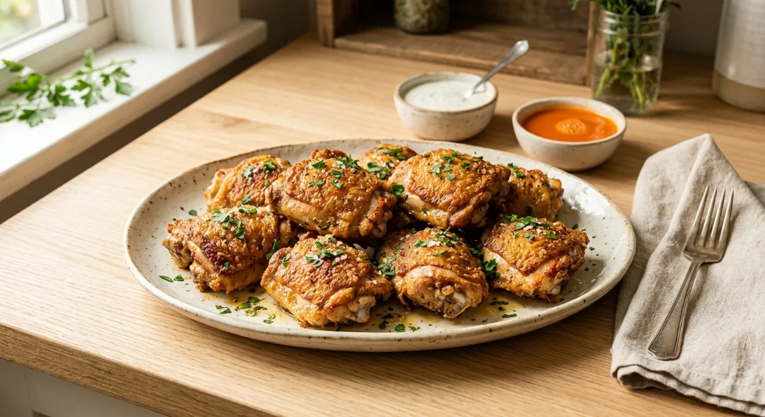 A full platter of golden-brown, crispy keto air fryer chicken thighs garnished with fresh herbs, served alongside small bowls of dipping sauces on a light oak wood tabletop.