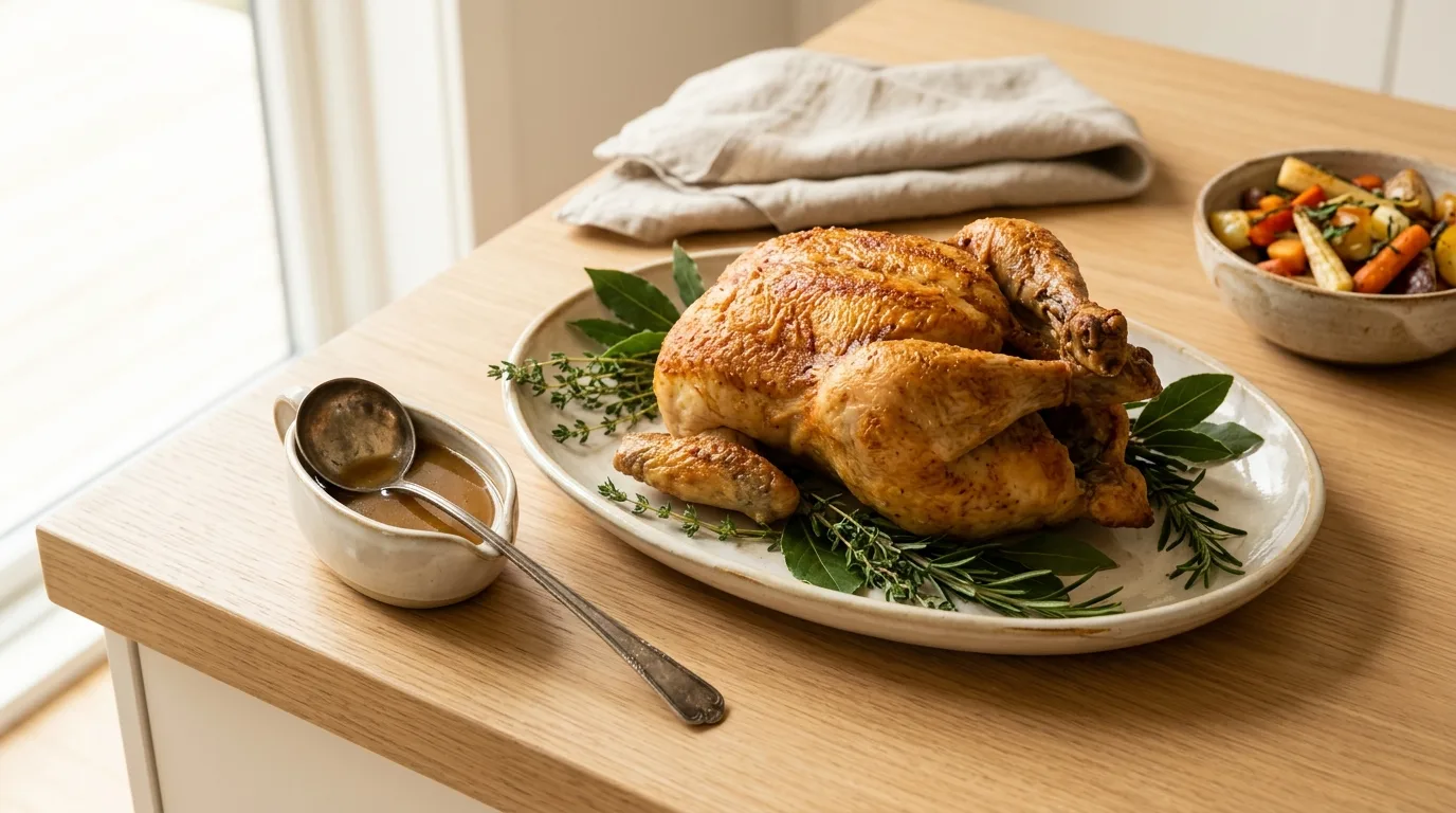 A whole roasted chicken served on a platter with fresh herbs alongside a gravy boat and roasted vegetables, prepared for whole roast chicken thanksgiving.