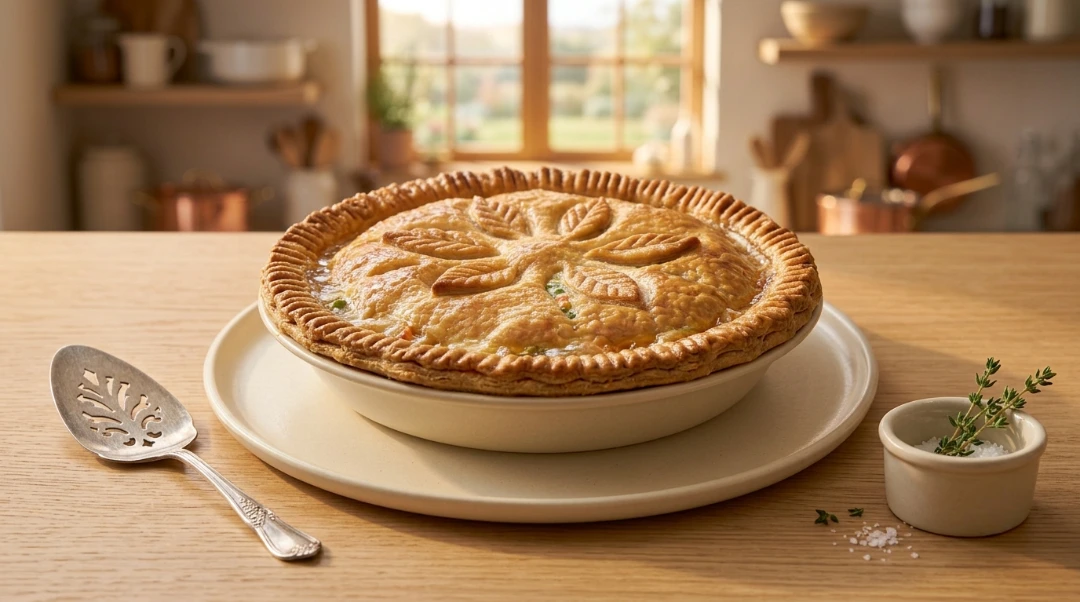 A whole golden-brown chicken pot pie with a decorative leaf-patterned crust sitting on a plate on a wooden table, showcasing easy homemade chicken pot pie.