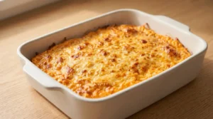 Ek baked dish mein melted aur golden cheese se bhara hua garma-garam dip rakha gaya hai, jo Buffalo Chicken Dip recipe ke liye tayar kiya gaya hai.