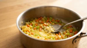 Diced onions, carrots, and celery cooking with butter and minced garlic in a pot, prepared for a chicken and wild rice soup recipe.