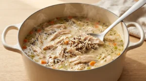 Shredded chicken and wild rice being stirred into a pot of steaming soup, prepared for a chicken and wild rice soup recipe.