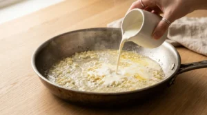 Heavy cream being poured from a pitcher into a skillet with sautéed garlic and butter, prepared for a chicken alfredo recipe.