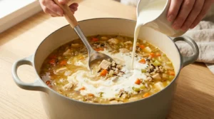 Cream being gently poured and stirred into a pot of chicken and wild rice soup, prepared for a chicken and wild rice soup recipe.