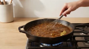 Stock, soy sauce, honey, and a bay leaf being whisked into a simmering skillet, prepared for a chicken katsu curry recipe.