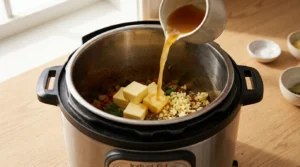 Stock being poured from a small pitcher into an Instant Pot inner pot containing butter and minced garlic, prepared for an Instant Pot Chicken and Rice recipe.