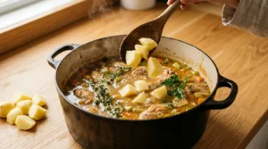 Diced potatoes being added with a wooden spoon into a pot of simmering broth, prepared for a hearty chicken stew.