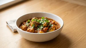 Finished chicken curry garnished with fresh coriander in a pot, prepared for chicken curry from scratch.