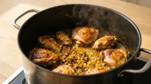 Spices blooming in oil next to seared chicken pieces in a large pot, prepared for chicken curry from scratch.