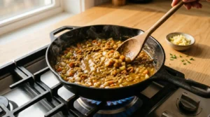 Flour and curry powder being stirred into a skillet with vegetables using a wooden spoon, prepared for a chicken katsu curry recipe.