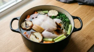 A whole chicken in a large pot filled with cold water, charred onions, carrots, celery, herbs, and aromatics, prepared for chicken soup recipe.