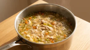 Strained broth and shredded chicken simmering with sautéed vegetables in a saucepan, prepared for chicken soup recipe.
