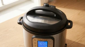 An Instant Pot with its lid sealed and the digital display set to high pressure for 10 minutes, prepared for an Instant Pot Chicken and Rice recipe.
