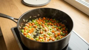Diced onions, carrots, and celery cooking in a pot on a stovetop, prepared for a hearty chicken stew.