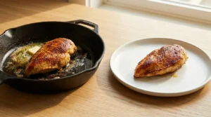 Seasoned chicken breasts cooking in a skillet with olive oil and butter until golden brown, prepared for a chicken alfredo recipe.