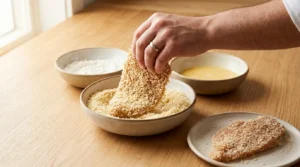 A hand coating a chicken cutlet in panko breadcrumbs as part of the double-dredge process for a chicken katsu curry recipe.
