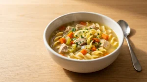 A steaming white bowl filled with finished chicken soup, tender egg noodles, carrots, celery, and fresh herbs, prepared for chicken soup recipe.