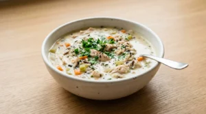 A bowl of creamy chicken and wild rice soup garnished with fresh parsley, prepared for a chicken and wild rice soup recipe.