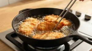 Chicken cutlets frying in hot oil in a skillet being turned with metal tongs, prepared for a chicken katsu curry recipe.