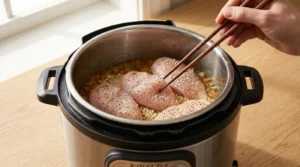 Seasoned chicken breasts being placed on top of rice inside an Instant Pot using chopsticks, prepared for an Instant Pot Chicken and Rice recipe.