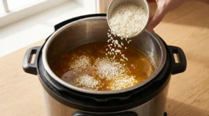Rinsed white rice being sprinkled from a small bowl over liquid in an Instant Pot inner pot, prepared for an Instant Pot Chicken and Rice recipe.