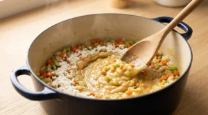 Flour sprinkled over sautéed vegetables being stirred with a wooden spoon in a pot, prepared for a chicken and wild rice soup recipe.