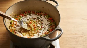 Flour sprinkled over cooked vegetables in a pot, being stirred to create a roux for a hearty chicken stew.