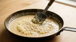 Shredded parmesan cheese being stirred into a creamy sauce in a skillet, prepared for a chicken alfredo recipe.