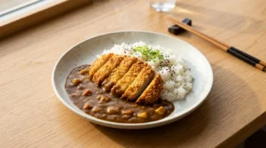 Sliced crispy chicken cutlet served over rice with curry sauce spooned around the side, prepared for a chicken katsu curry recipe.