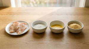 Seasoned chicken cutlets next to bowls of flour, beaten eggs, and panko breadcrumbs, prepared for a chicken katsu curry recipe.