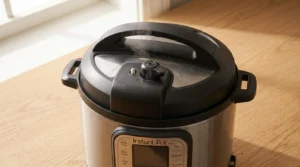 An Instant Pot releasing steam from its valve during a pressure release cycle, prepared for an Instant Pot Chicken and Rice recipe.